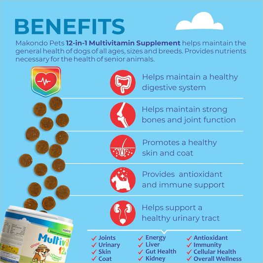 12 in 1 Dog Multivitamin 120 Soft Treats Glucosamine Joint Support Gut Digestive Enzymes & Probiotics Cranberry Urinary Health & Vitamins for Energy Skin Coat Liver & Immune Aid Dog Vitamins
