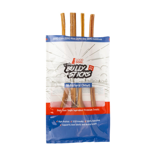 All-Natural Beef Bully Stick Dog Treats – Nutrient-Rich, and High-Protein – 12-Inch Standard (4-Pack)