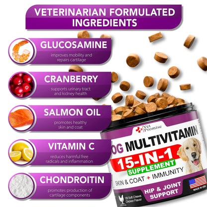Dog Multivitamin Chewable with Glucosamine Dog Vitamins and Supplements Senior & Puppy Multivitamin for Dogs Pet Joint Support Health Immunity Mobility Energy Gut Skin 120 Chews