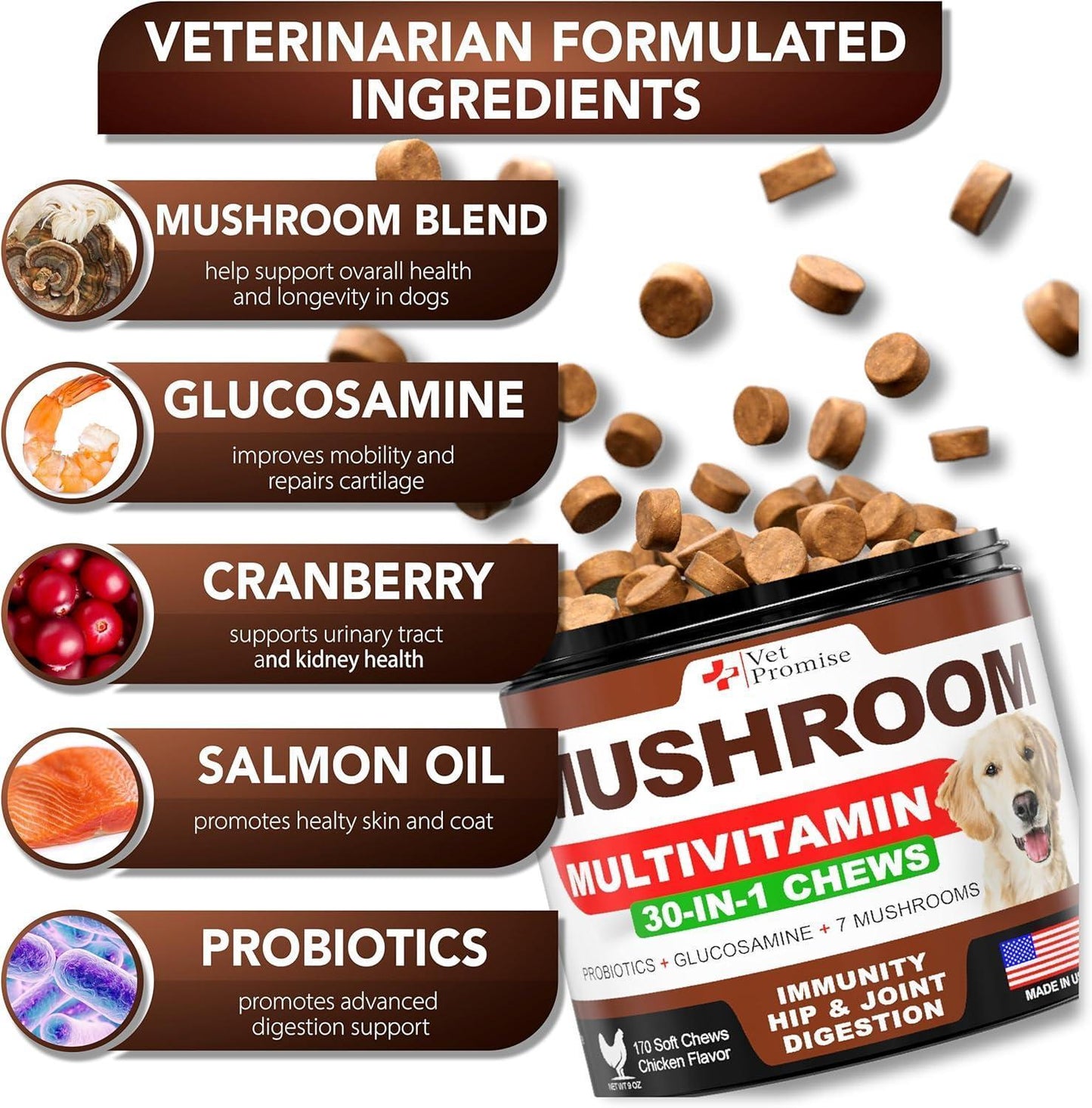 Mushroom for Dogs 170 Chews Turkey Tail Mushroom for Dogs Lions Mane Reishi